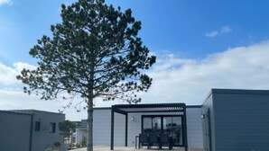 Una casa moderna con un portico coperto, un prato e un'auto parcheggiata davanti.