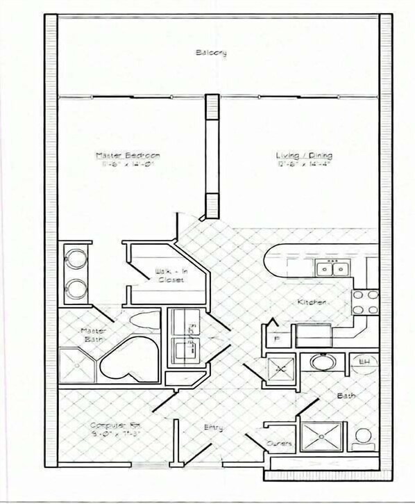 A floor plan of a hotel with a master bedroom, living/dining area, kitchen, bathroom, and a balcony. - Lighthouse 1409 1 Bedroom Condo (Gulf Shores)