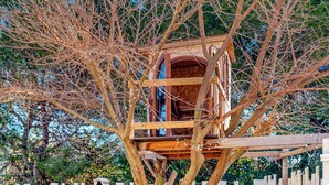 Una estructura tipo casa del árbol construida sobre un árbol, con una plataforma de madera y un arco abierto.