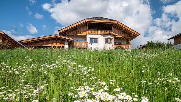 Un chalet en bois doté d’un balcon, entouré d’un champ de marguerites.