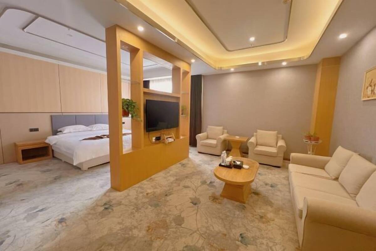 Una habitación de hotel moderna con una cama, televisión, sofá, mesa de centro y una mesita auxiliar.