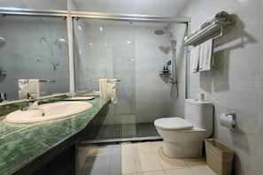 Ein Badezimmer mit Duschkabine, Waschbecken in Weiß und Toilette.