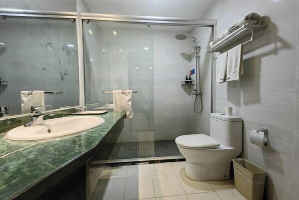 A bathroom with a glass-enclosed shower, a white sink, and a toilet.