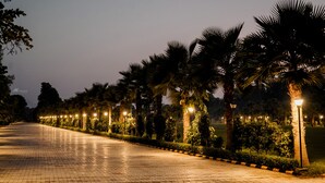 A paved pathway lined with palm trees and street lamps, leading through a landscaped area. - Pride Resort Ranakpur. (Desuri)