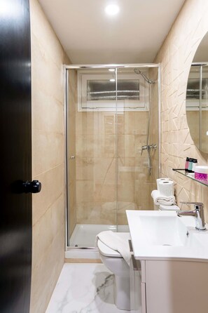 Shower, hair dryer, towels