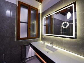 Shower, hair dryer, bidet, towels