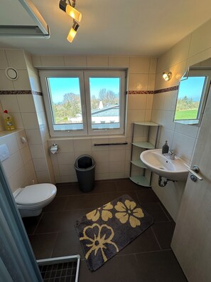 Een douche, een haardroger, zeep, toiletpapier