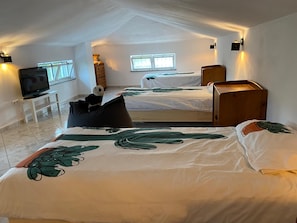 Cozy attic bedroom with two beds, a nightstand, and a TV.