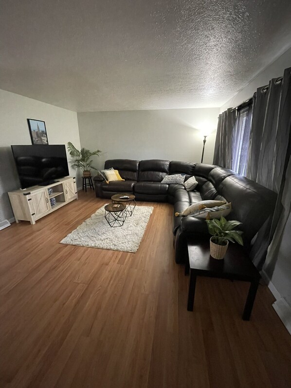A living room with a black leather sofa, a TV on a wooden stand, a small round coffee table, and a potted plant.