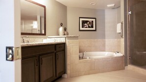 Shower, jetted tub, hair dryer, towels