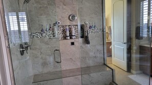 Regadera, tina de hidromasaje, secadora de cabello, toallas 