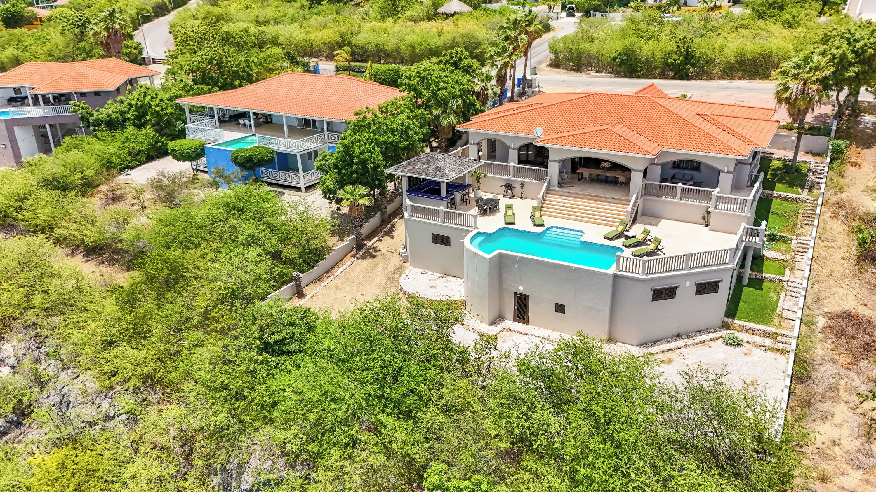 A large, multi-story house with a swimming pool, surrounded by lush greenery.