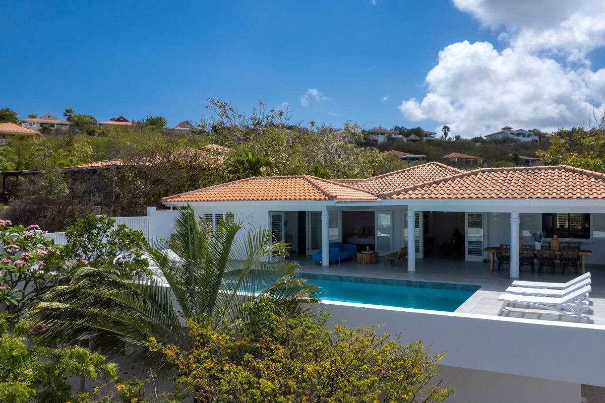 A modern house with a swimming pool, covered patio, and a view of the surrounding neighborhood.