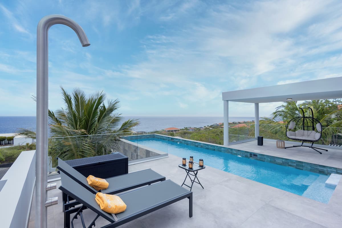 A modern outdoor pool area with lounge chairs, a hanging chair, and a view of the ocean.