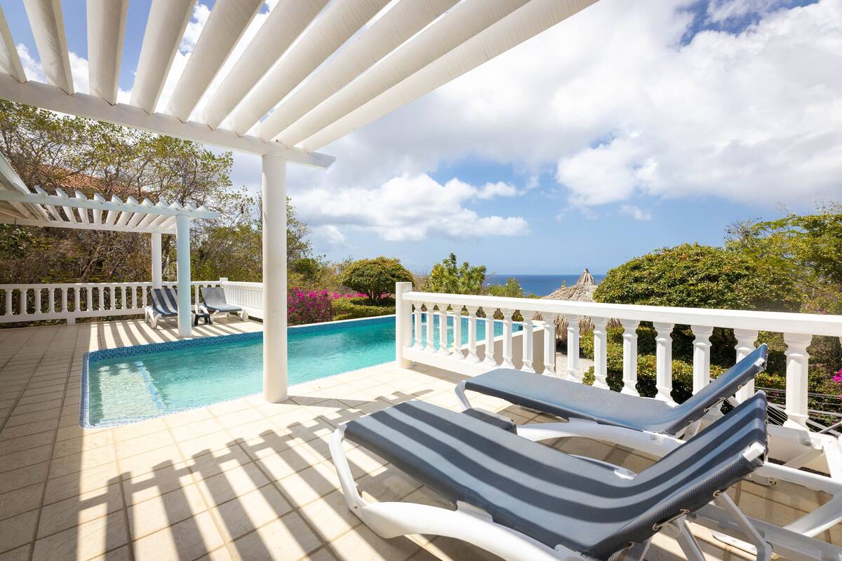 A covered outdoor area with a pool, lounge chairs, and a view of the ocean.