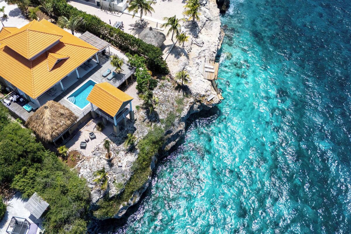 An aerial view of a coastal property with a swimming pool, a thatched-roof structure, and a rocky shoreline.