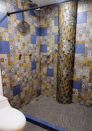 Regadera, toallas, jabón, shampoo