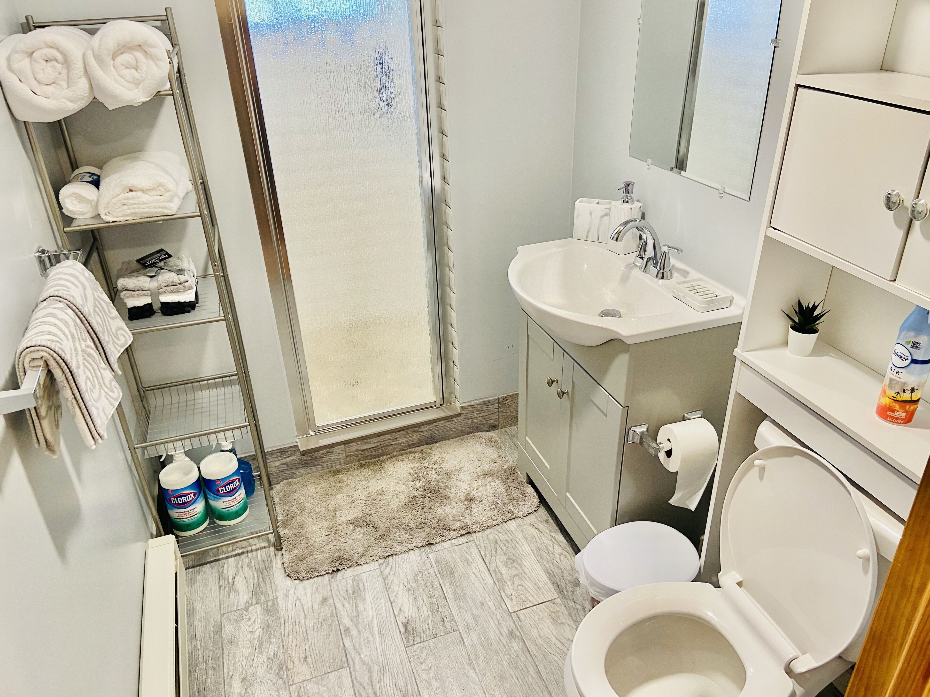 Douche, sèche-cheveux, serviettes fournies, savon