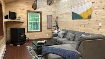 Una Smart TV, una chimenea, un reproductor de DVD, libros