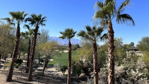 A golf course with palm trees and a mountain in the background.
