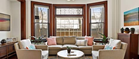 Smart TV, fireplace, books