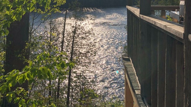 Una terraza de madera con vistas a un lago y árboles al fondo.
