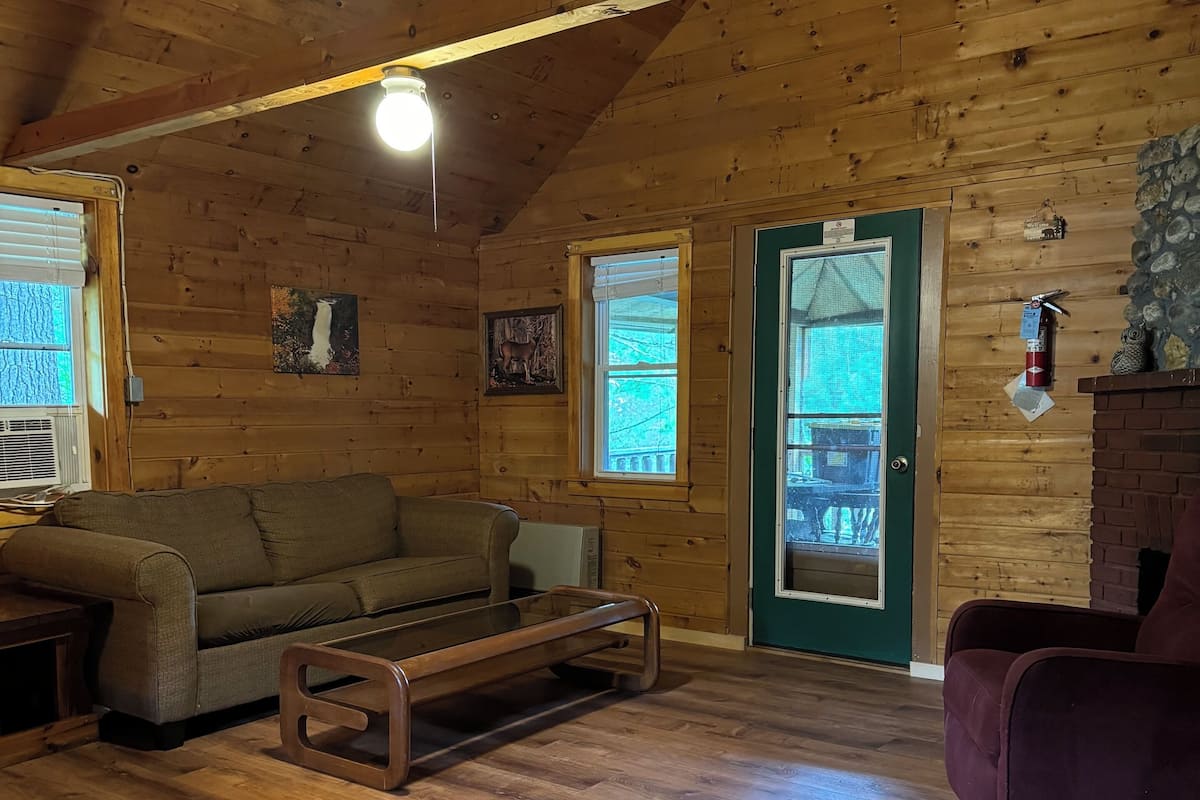 A cozy log cabin interior with a wooden ceiling, a green door, a fireplace, and a couch.