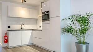 A modern kitchen with white cabinets, a stainless steel sink, and a built-in oven. There is a red fire extinguisher on the wall and a potted plant on the right. - Amazing apartment in Oostende with WiFi (Oostende)