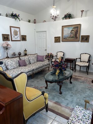 Smart TV, fireplace, books, computer monitors