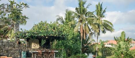 A poolside area with lounge chairs, a stone wall, and a bar area surrounded by tropical vegetation.