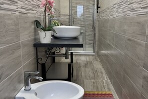 Shower, hair dryer, bidet, towels