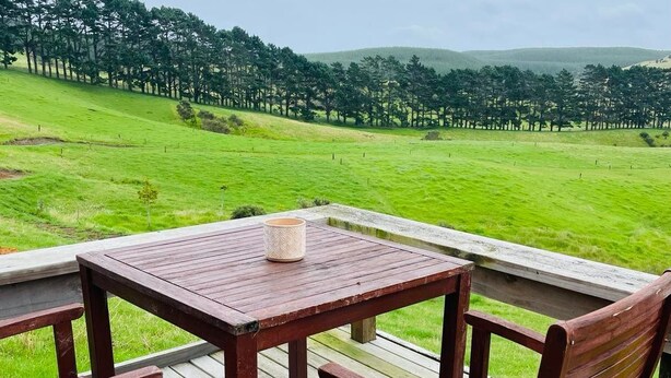 A wooden deck with a table and chairs overlooking a grassy field and forest. - Country Studio Out West (Helensville)