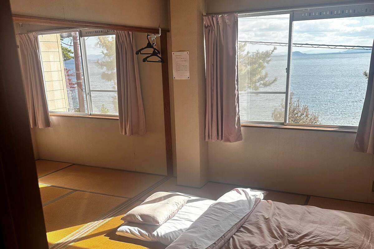 A room with a bed, two windows with curtains, a hanging rack, and a ceiling fan.