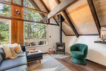 Living room w/ modern sofa, wood burning stove, swivel chair, and smart TV