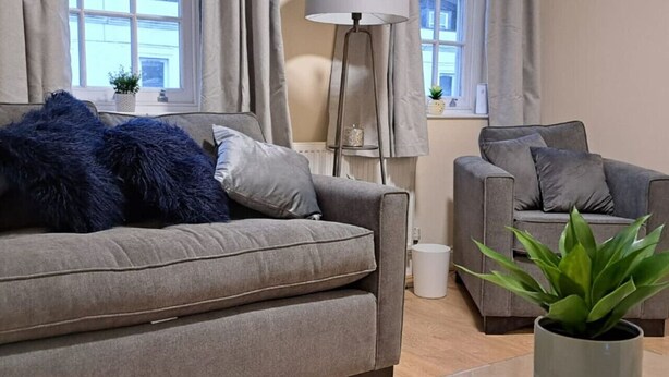 Un salon avec un canapé gris, un fauteuil gris, une lampe sur pied et une plante en pot.