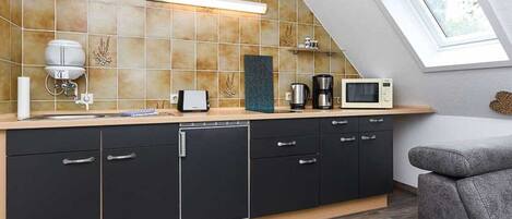 Microwave, stovetop, coffee/tea maker, electric kettle