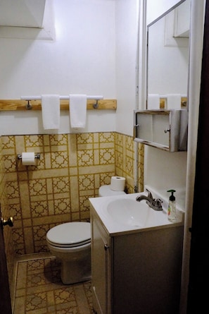 A compact bathroom with a toilet, sink, and mirror, featuring patterned tiles and amenities.