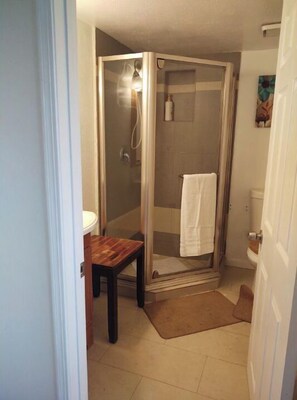 Hair dryer, towels, soap, shampoo