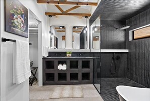 Shower, towels, soap, shampoo