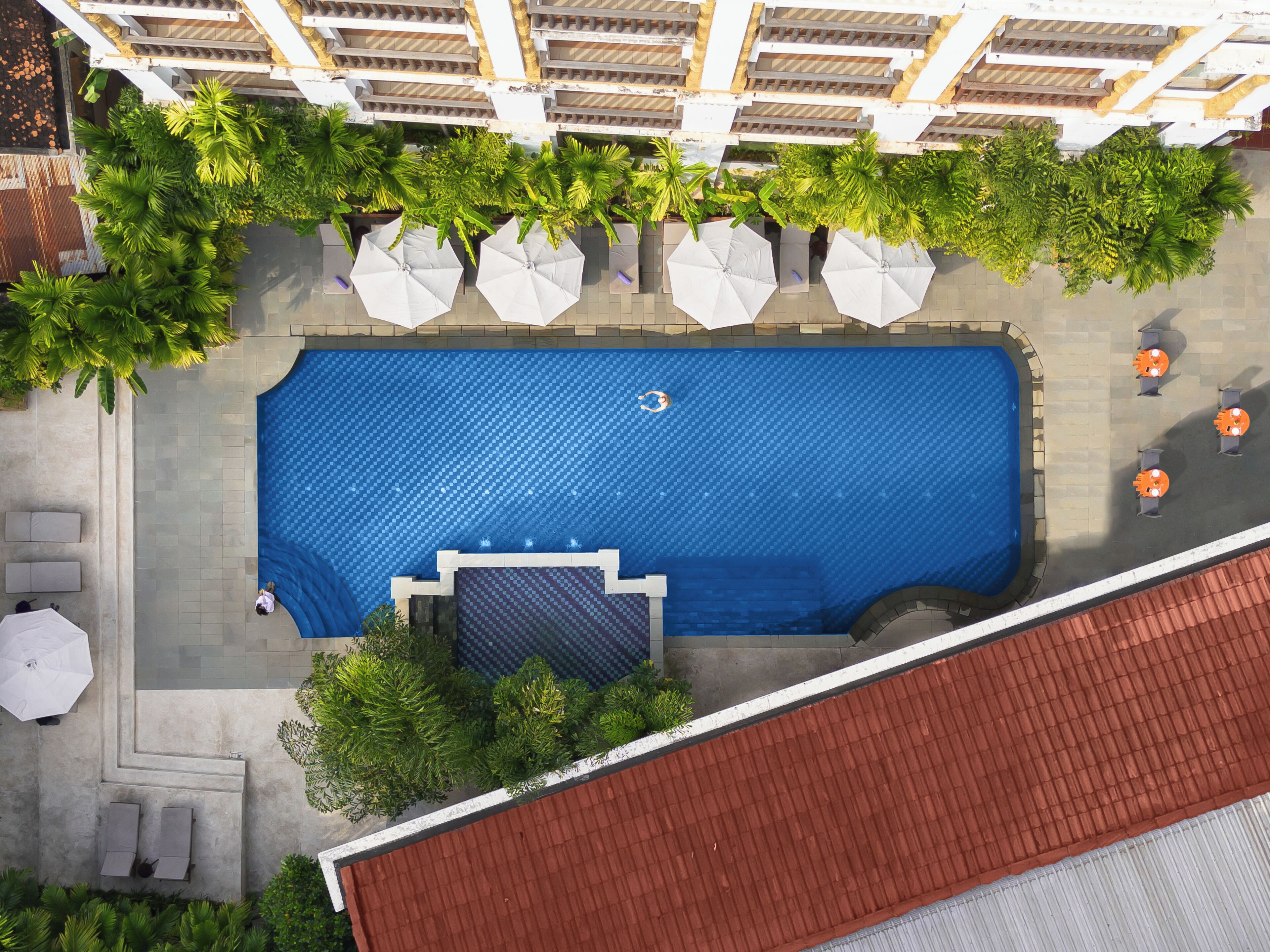 An aerial view of a swimming pool with surrounding lounge chairs and umbrellas, surrounded by greenery and a building with a tiled roof.