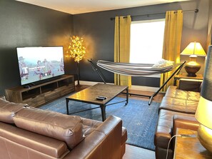 Smart TV, fireplace, music library, video library