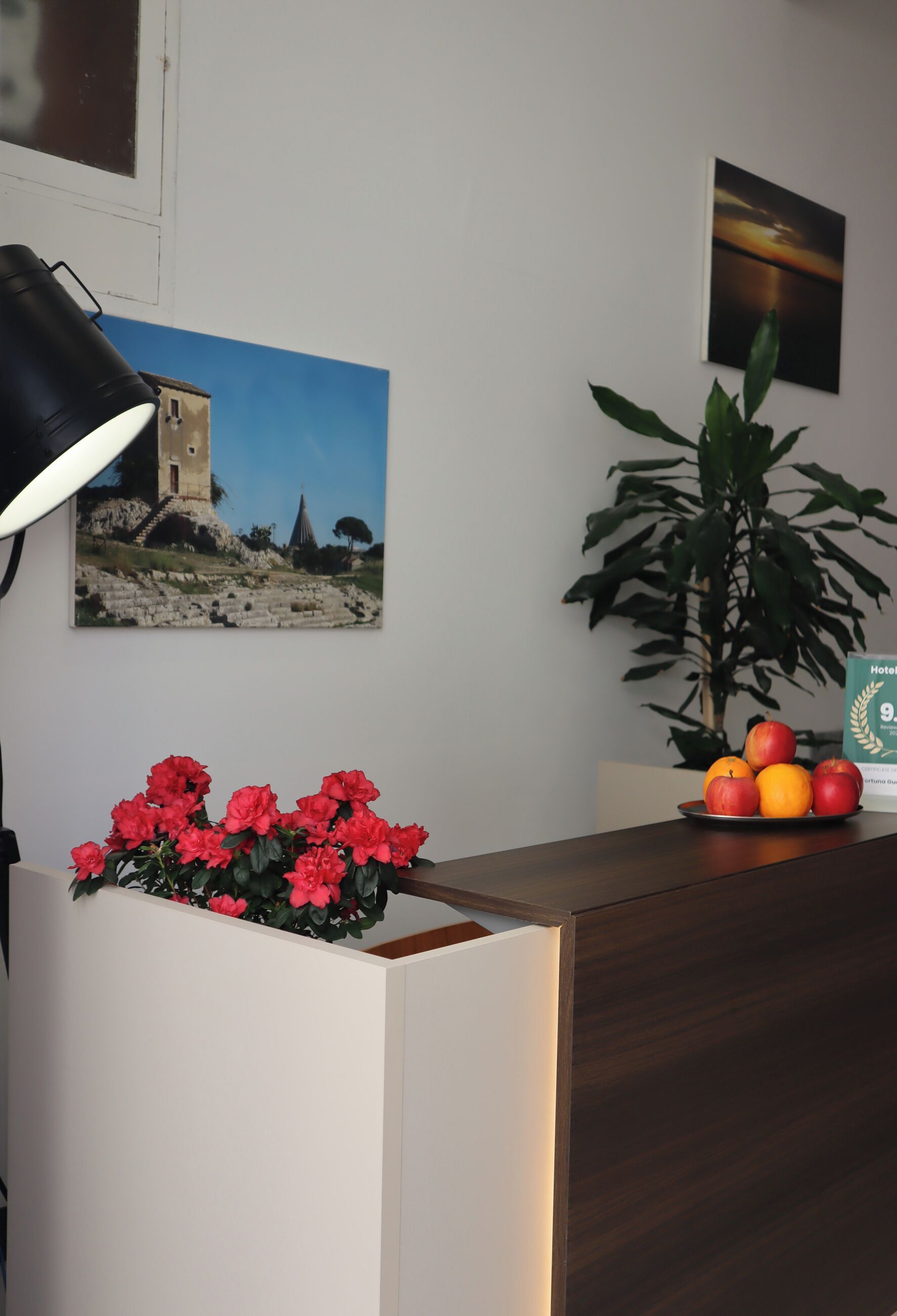 A reception desk with a lamp, a potted plant, a fruit bowl, and two framed pictures on the wall.