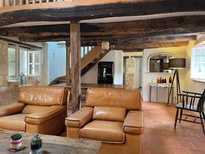 TV, fireplace, books