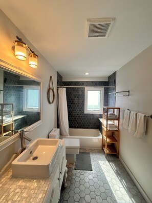 Shower, hair dryer, towels