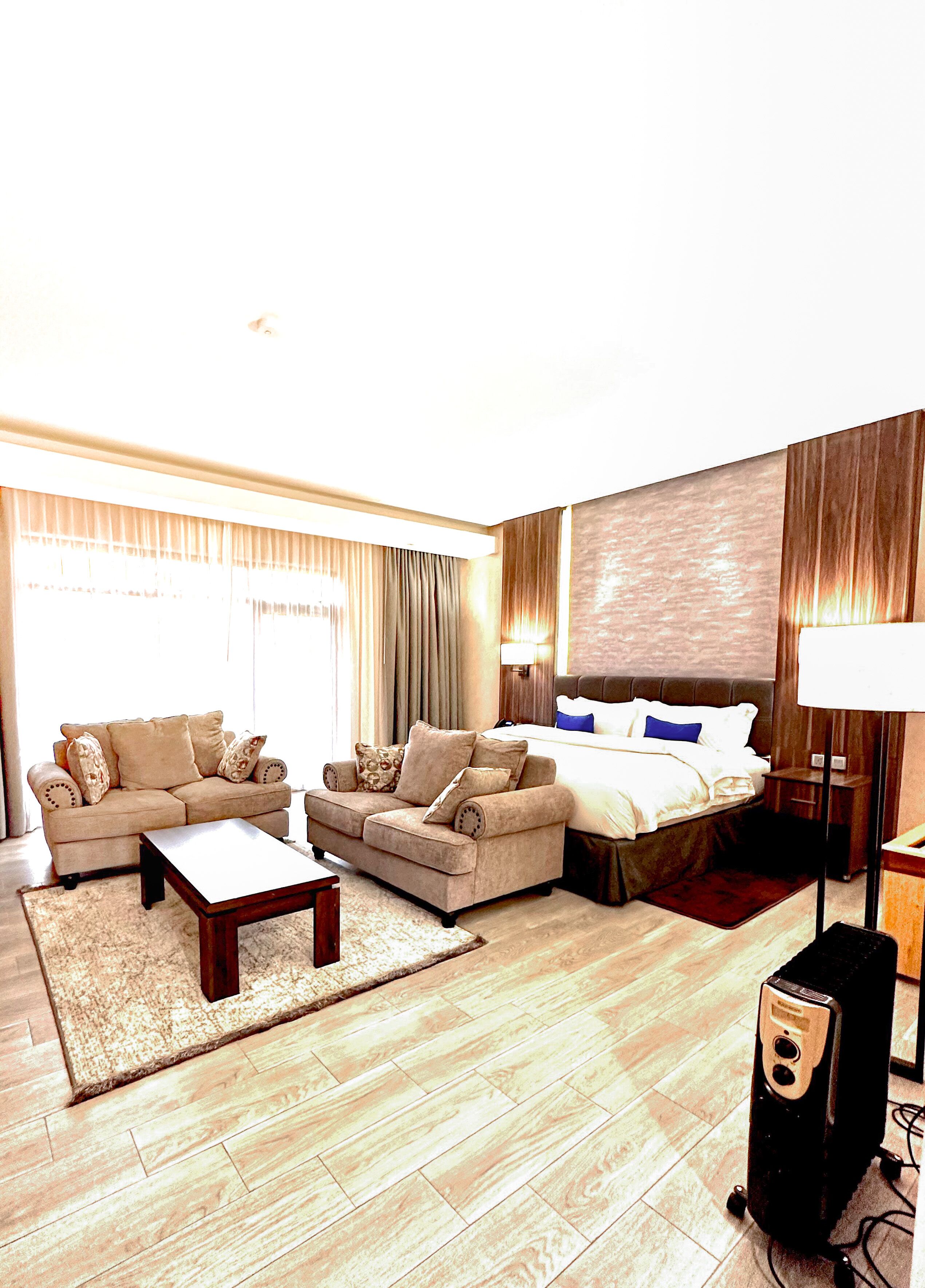 A hotel room with a sofa set, a bed, a coffee table, a TV, and a speaker.
