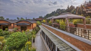 Un jardin sur le toit, doté d’un espace salon abrité, entouré de bâtiments en briques et d’une végétation luxuriante.