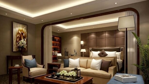 A modern hotel room with a sofa, a coffee table, a bookshelf, and a large bed. - Bojing Hotel (Yuechi)