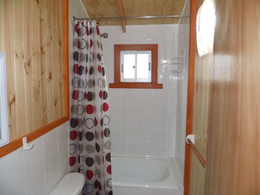 A bathroom with a shower, toilet, and a window above the shower.