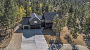 Une maison moderne à deux étages, dotée d’une grande allée et entourée d’une zone boisée.