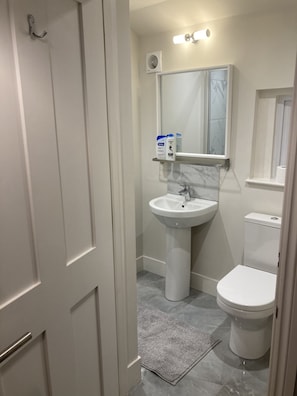 A modern bathroom with a pedestal sink, a toilet, and a mirror above the sink. - Very Large and Splendid Terrace House in London (London)